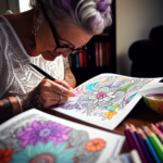 woman coloring flowers on a coloring book