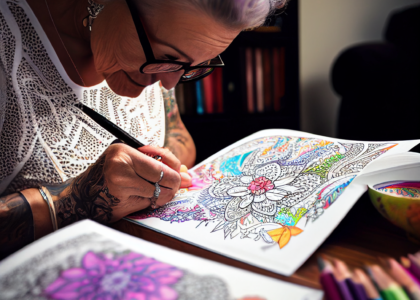 woman coloring flowers on a coloring book